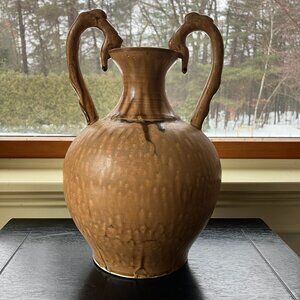 Vintage Vietnamese Studio Pottery Vase 11” Swan Head Handles Drip Glaze MCM